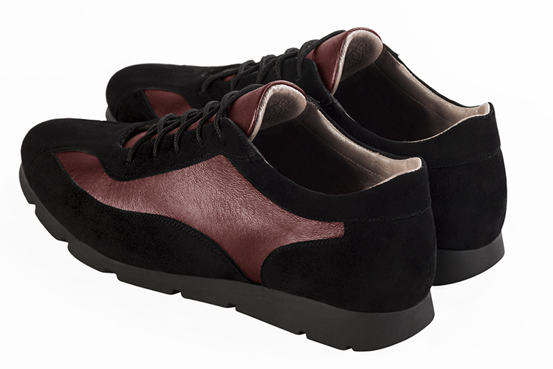 Matt black and burgundy red women's two-tone elegant sneakers. Round toe. Flat rubber soles. Rear view - Florence KOOIJMAN